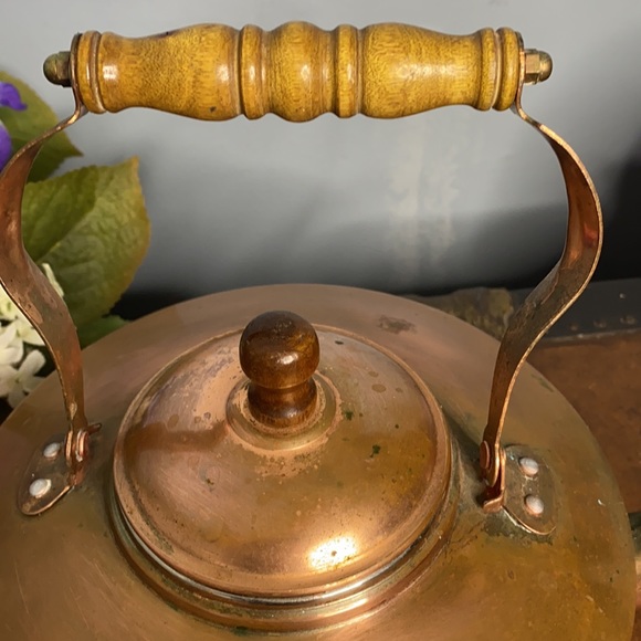 . Vintage Copper Tea Kettle Pot with Wood Handle - Picture 3 of 7